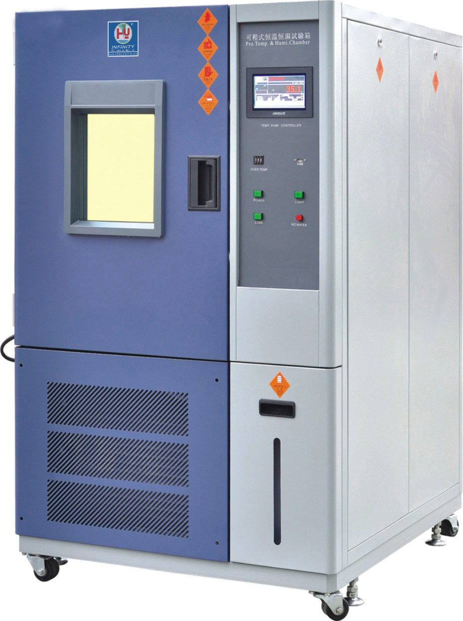 غرفة اختبار بيئي 100L لختبار درجة الحرارة والرطوبة IEC68-2-2 20٪ RH إلى 98٪ RH في اللون الأزرق الرمادي
